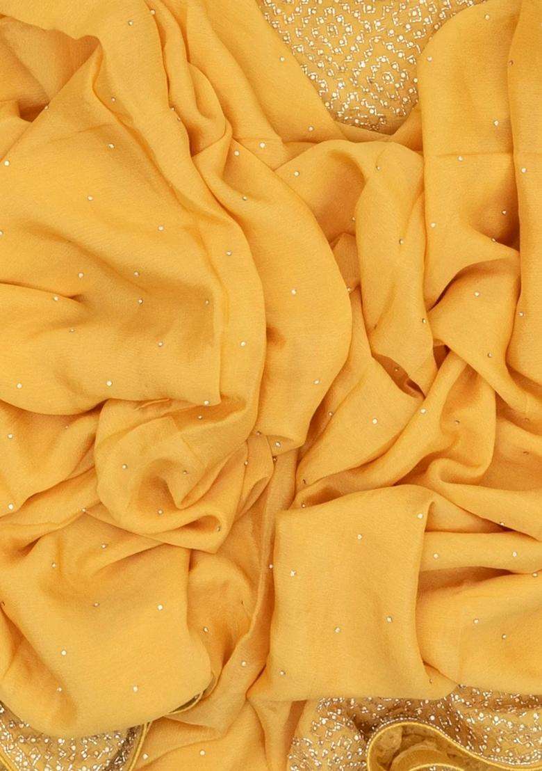 Yellow Woven Chiffon Saree With Embroidered Mirror Work For Women - Indya