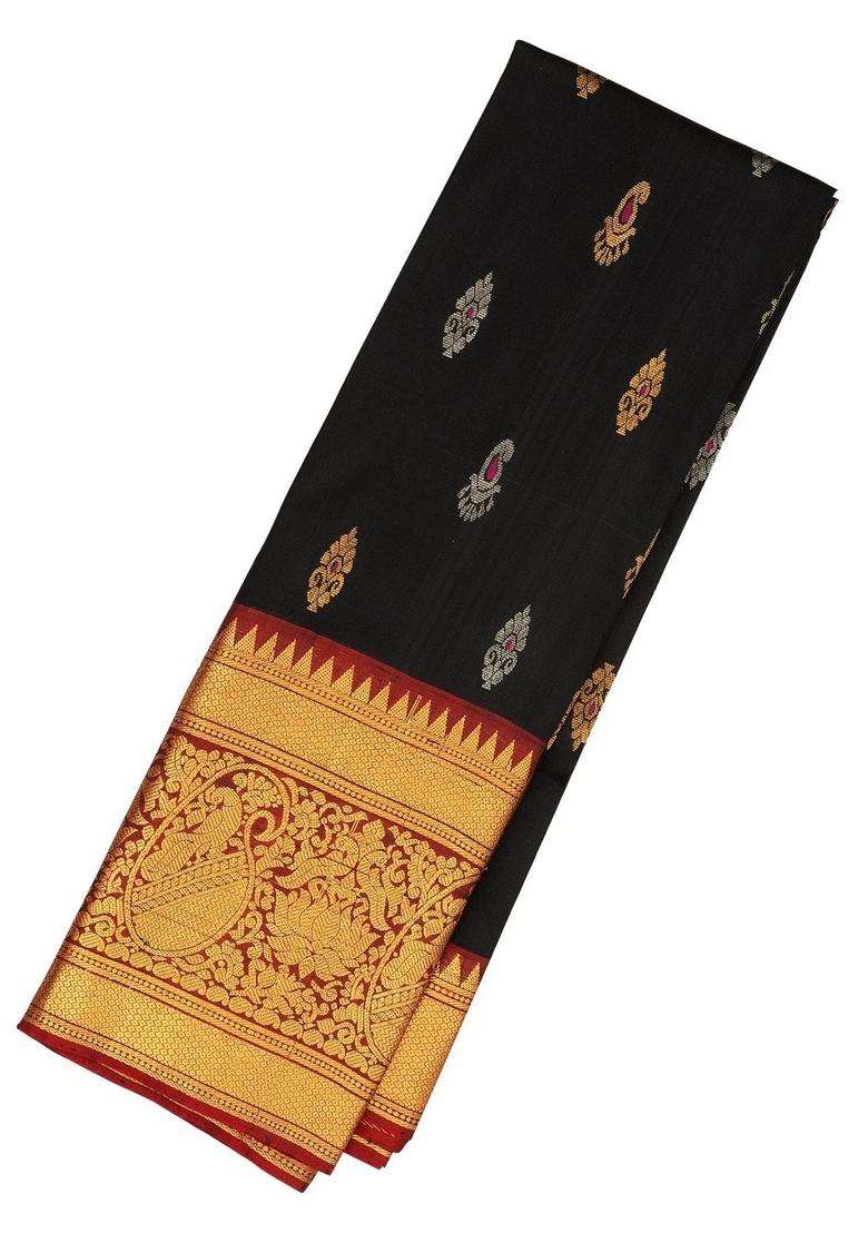 Black Handloom Uppada Silk Saree With Floral Motifs With Buttas And Brocade Design For Women - Indya
