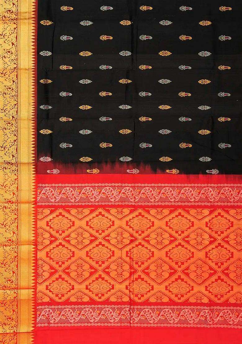 Black Handloom Uppada Silk Saree With Floral Motifs With Buttas And Brocade Design For Women - Indya