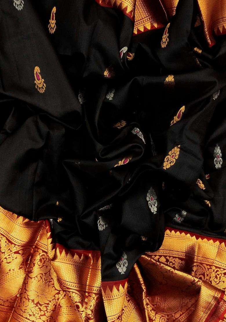 Black Handloom Uppada Silk Saree With Floral Motifs With Buttas And Brocade Design For Women - Indya