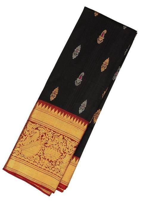 Black Handloom Uppada Silk Saree With Floral Motifs With Buttas And Brocade Design For Women