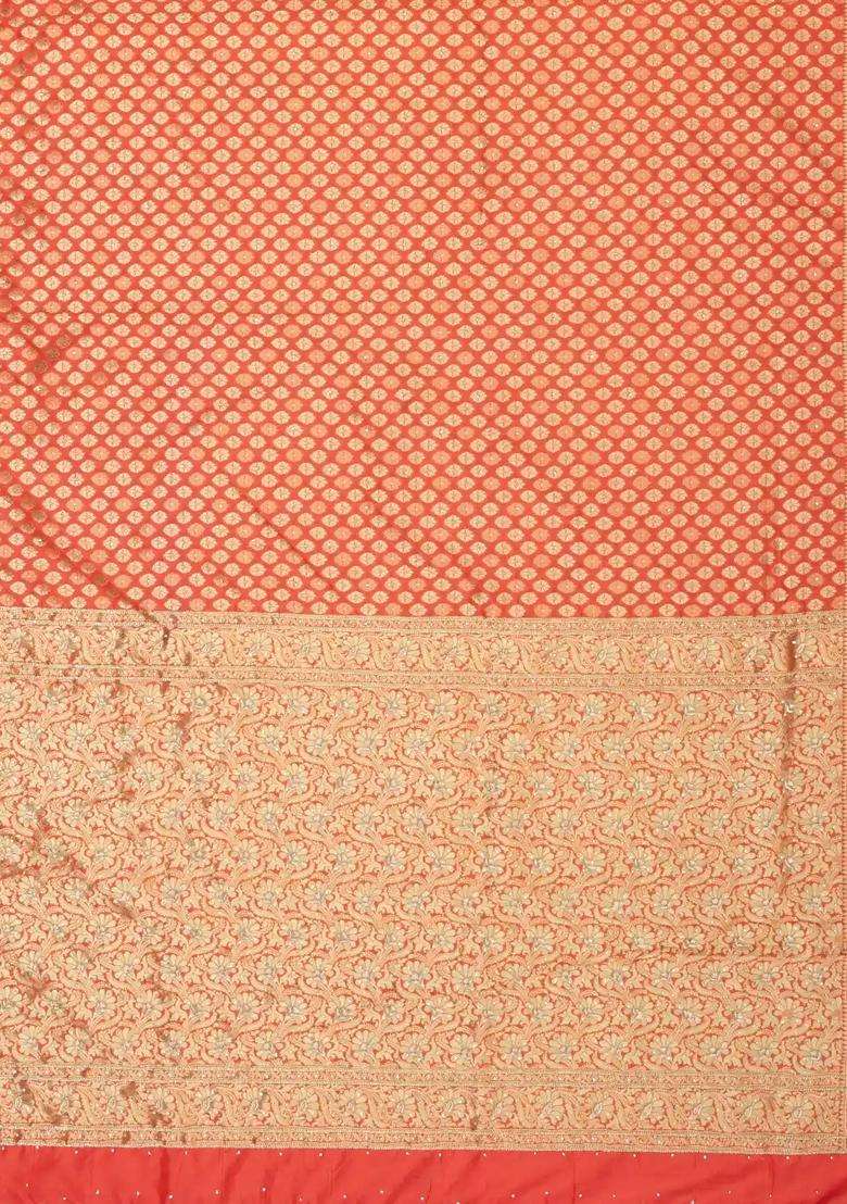 Peach Woven Blended Silk Saree With Brocaded Embroidery Floral Motifs With Embroidered Design For Women - Indya