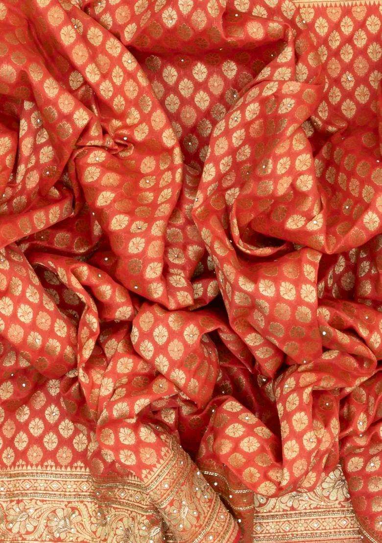Peach Woven Blended Silk Saree With Brocaded Embroidery Floral Motifs With Embroidered Design For Women - Indya
