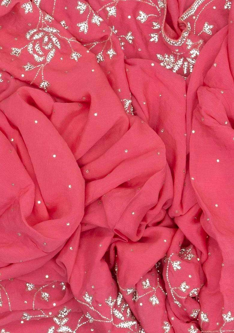 Dark Peach Woven Crepe Saree With Embroidered Floral Mirror Work For Women - Indya