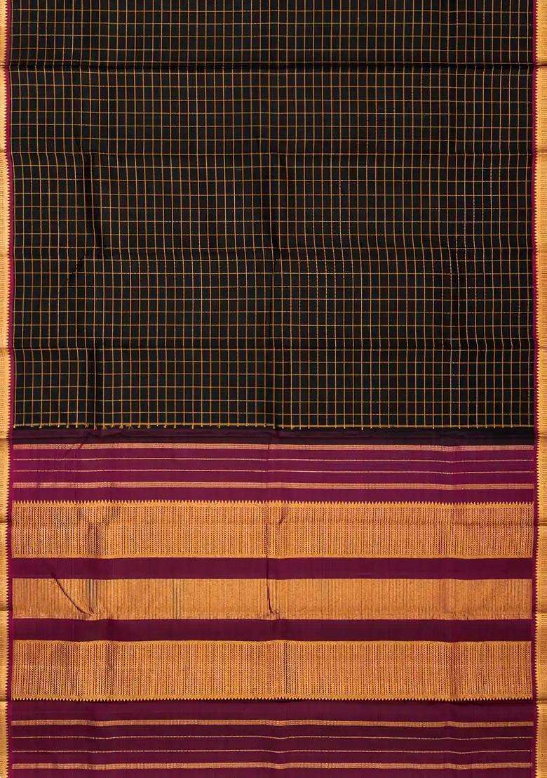 Black Handloom Kanchipuram Silk Saree With Zari Checks With Checks And Stripes Design For Women - Indya