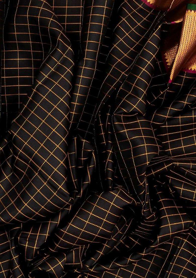 Black Handloom Kanchipuram Silk Saree With Zari Checks With Checks And Stripes Design For Women - Indya