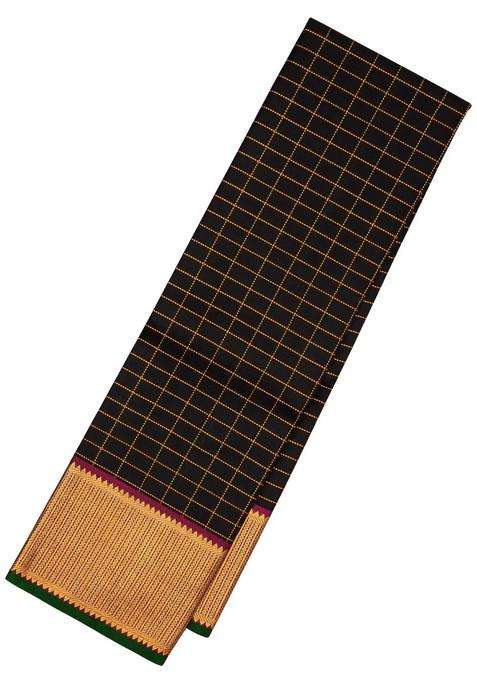 Black Handloom Kanchipuram Silk Saree With Zari Checks With Checks And Stripes Design For Women