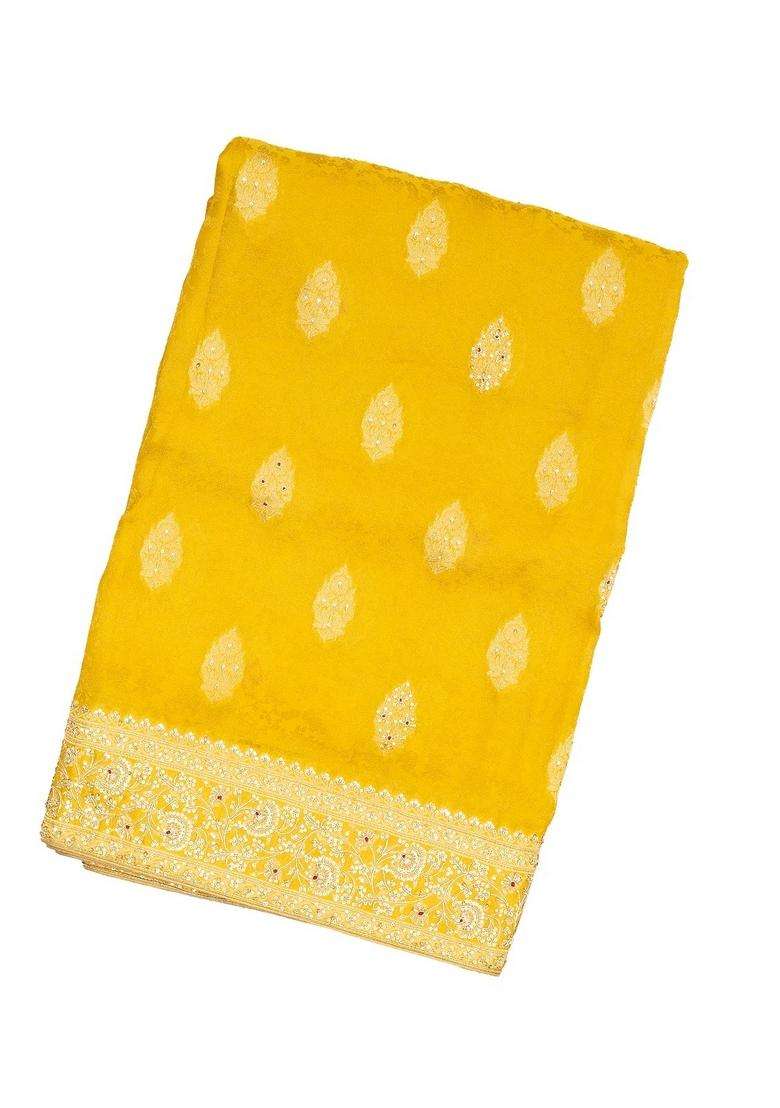 Mustard Woven Georgette Saree With Brocade Hand Embroidered Motifs For Women - Indya