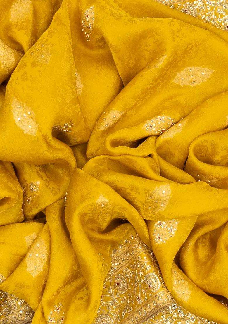 Mustard Woven Georgette Saree With Brocade Hand Embroidered Motifs For Women - Indya