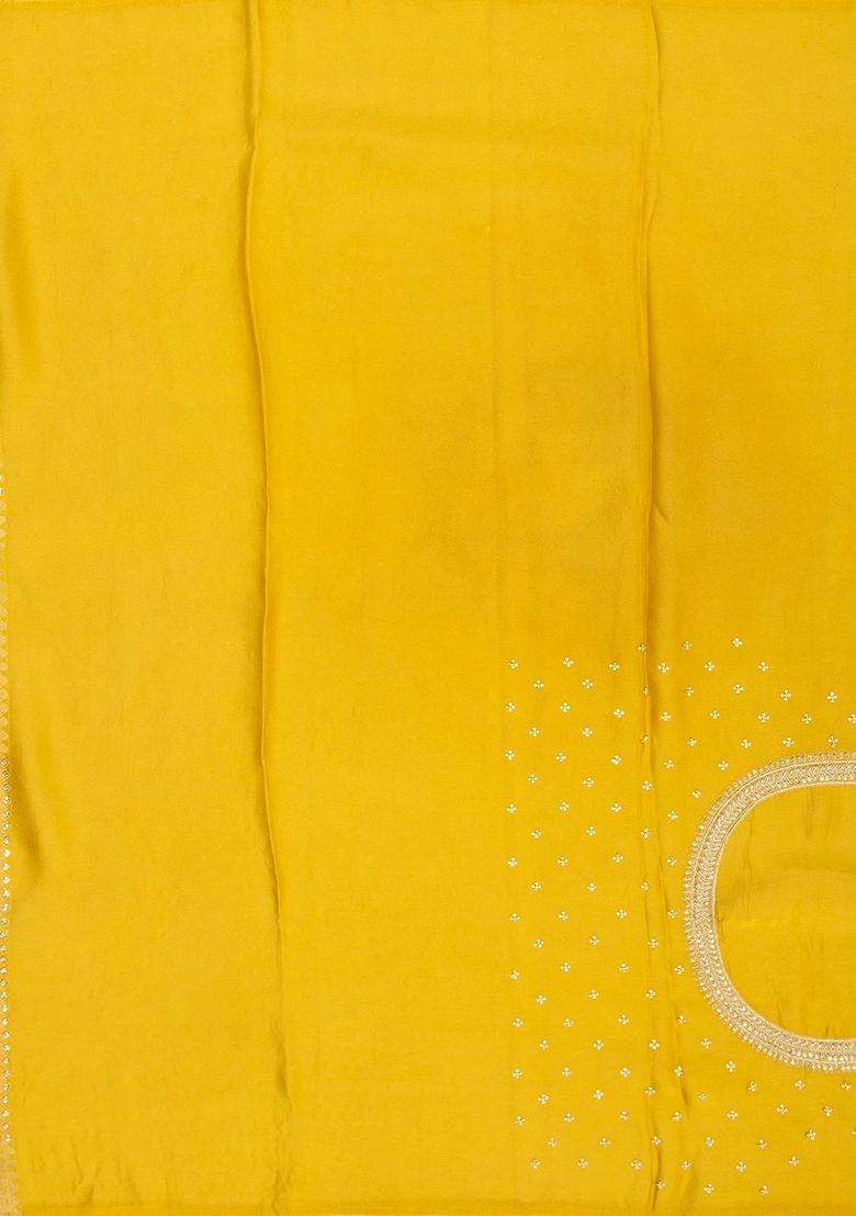 Mustard Woven Georgette Saree With Brocade Hand Embroidered Motifs For Women - Indya