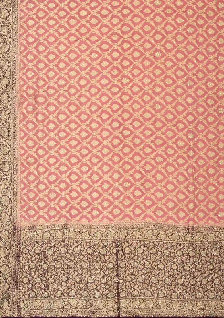 Light Peach Woven Banaras Khadi Georgette Saree With Floral Jaal Motifs With Buttas And Brocade Design For Women - Indya