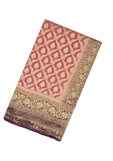 Light Peach Woven Banaras Khadi Georgette Saree With Floral Jaal Motifs With Buttas And Brocade Design For Women