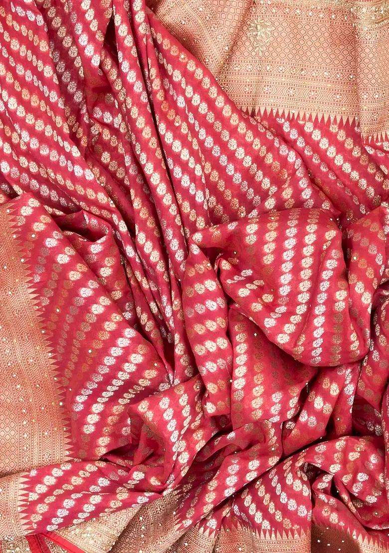Peach Woven Banaras Khadi Georgette Saree With Floral Motifs With Buttas And Brocade Design For Women - Indya