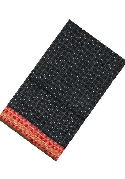 Black Handloom Pochampally Ikat Silk Saree With Zari Checks Ikat Motifs With Printed Design For Women