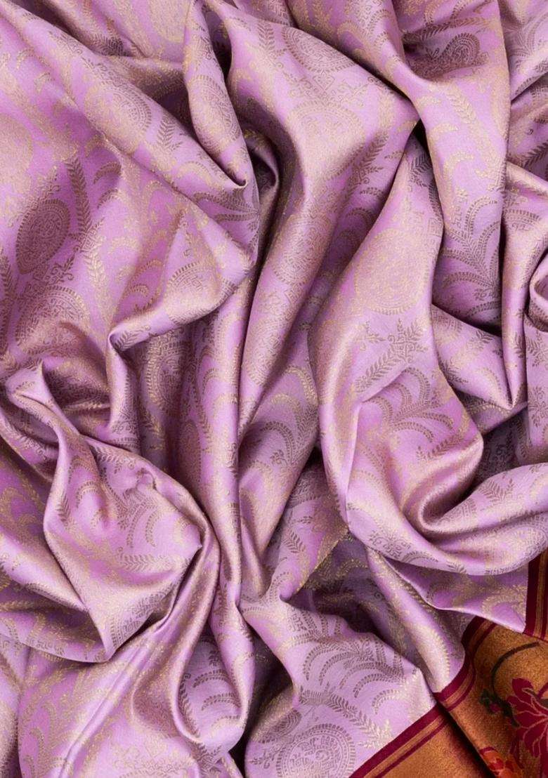 Lavander Lavender Handloom Korvai Kanchipuram Silk Saree With Meena Border With Korvai And Temple Border Design For Women - Indya