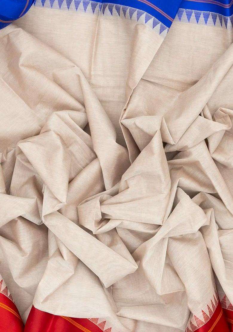 White Handloom Rasipuram Cotton Saree With Contrast Silk Border With Traditional Woven Design For Women - Indya