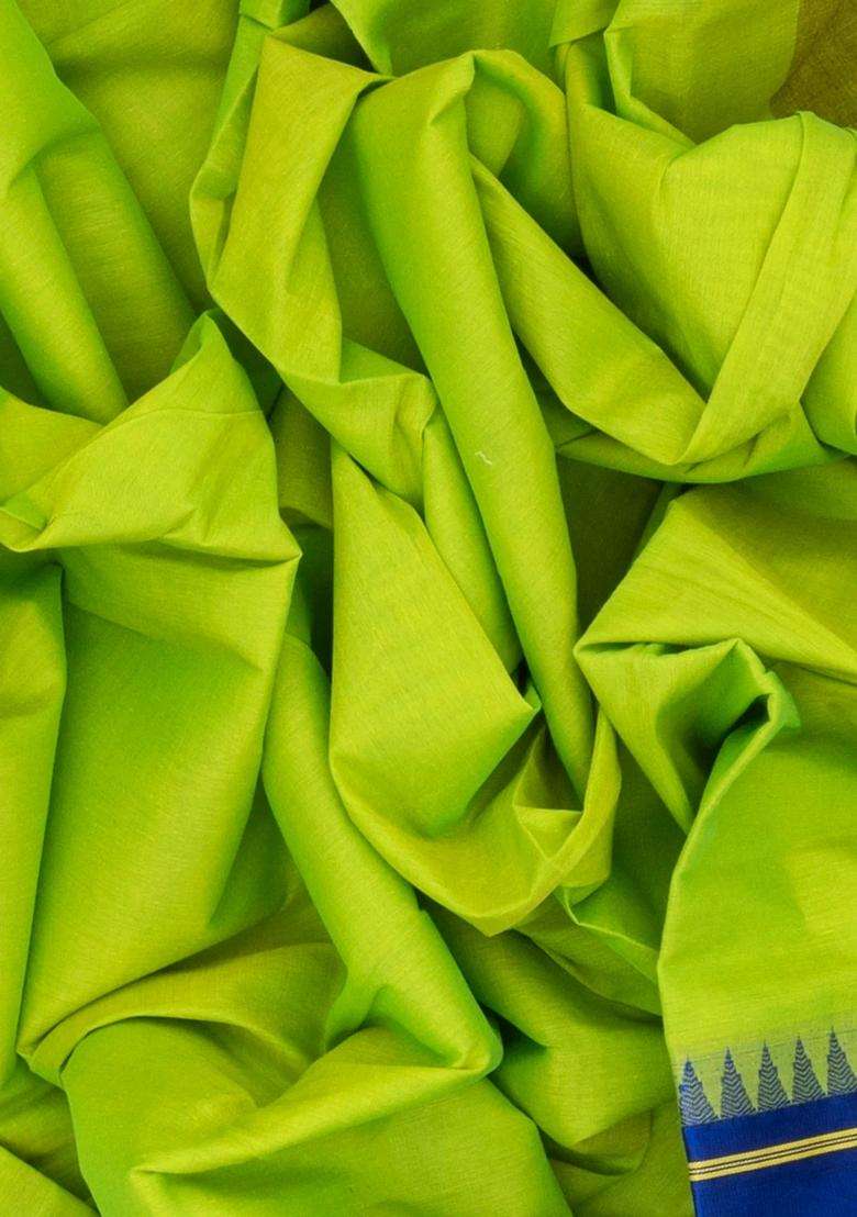 Light Green Handloom Rasipuram Cotton Saree With Contrast Silk Border With Traditional Woven Design For Women - Indya