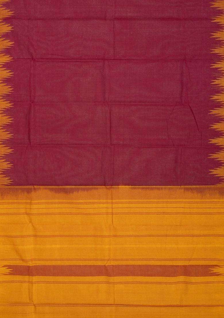 Crimson Handloom Rasipuram Cotton Saree With Contrast Silk Border With Checks And Stripes Design For Women - Indya