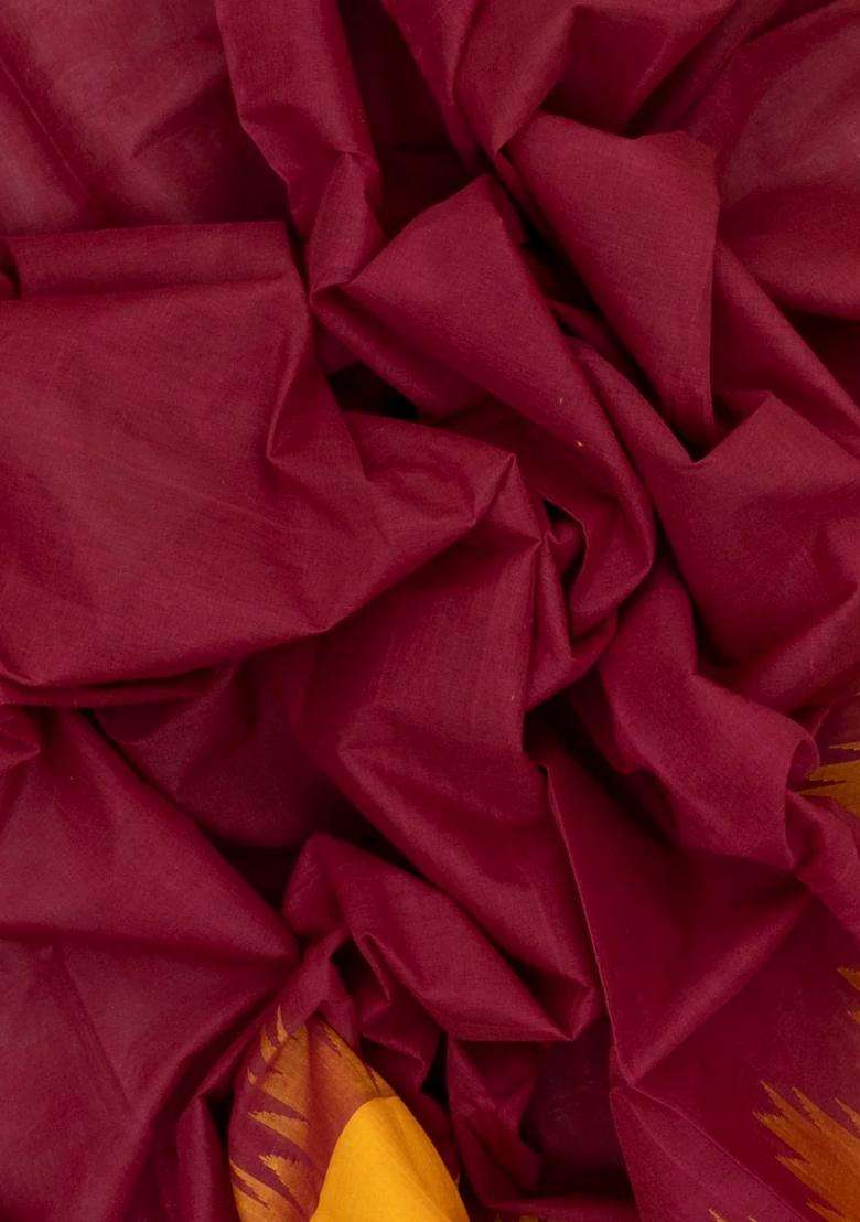 Crimson Handloom Rasipuram Cotton Saree With Contrast Silk Border With Checks And Stripes Design For Women - Indya