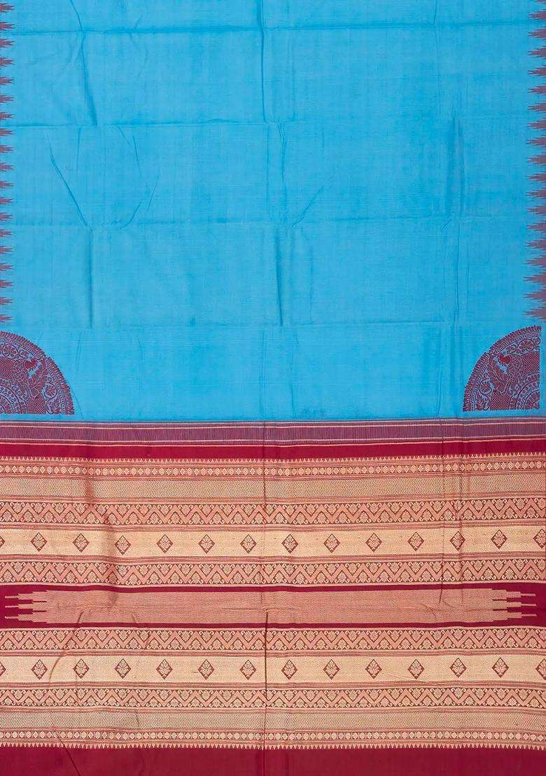 Sky Blue Handloom Kanchi Cotton Saree With Contrast Silk Border With Traditional Woven Design For Women - Indya