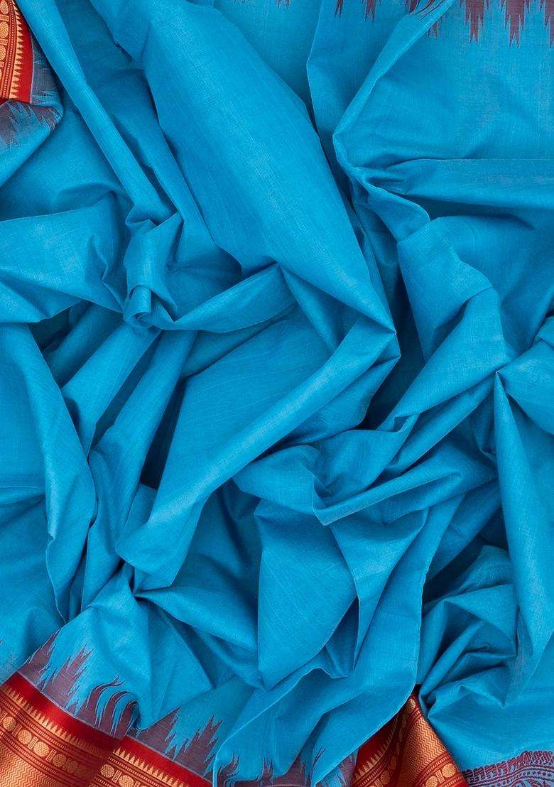 Sky Blue Handloom Kanchi Cotton Saree With Contrast Silk Border With Traditional Woven Design For Women - Indya