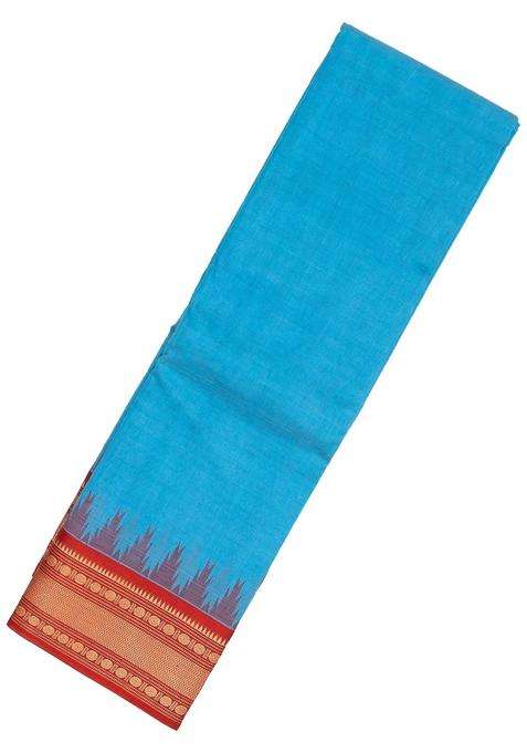Sky Blue Handloom Kanchi Cotton Saree With Contrast Silk Border With Traditional Woven Design For Women