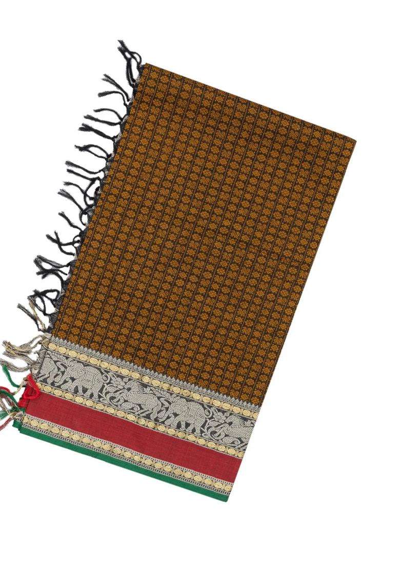 Black Handloom Kanchi Cotton Saree With Annam Chakaram Checks With Checks And Stripes Design For Women - Indya