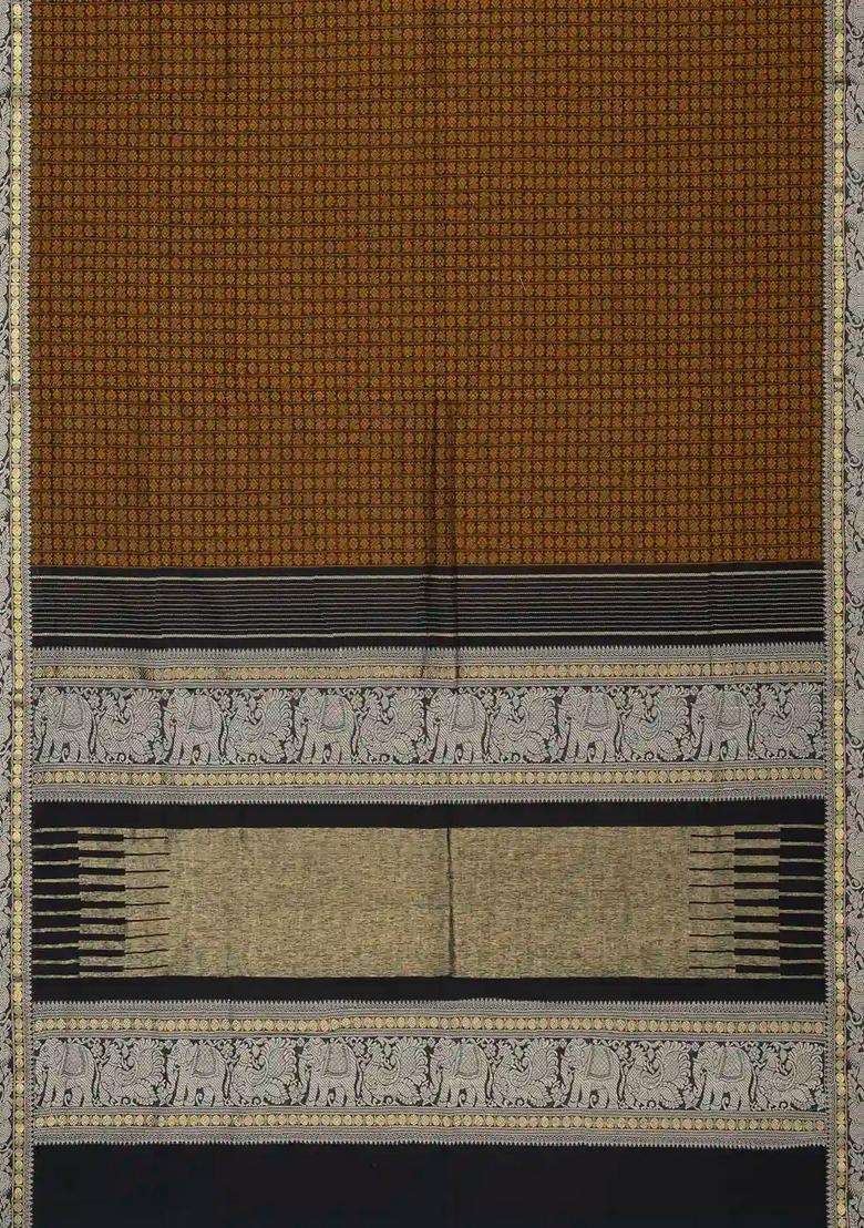 Black Handloom Kanchi Cotton Saree With Annam Chakaram Checks With Checks And Stripes Design For Women - Indya