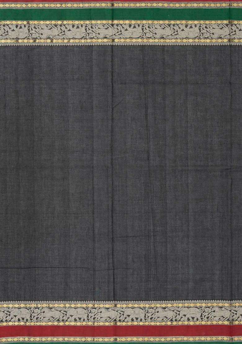 Black Handloom Kanchi Cotton Saree With Annam Chakaram Checks With Checks And Stripes Design For Women - Indya