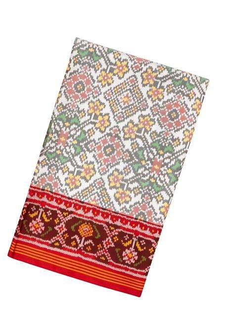 White Handloom Ikat Silk Sarees With Tie Dye Floral Motifs With Printed Design For Women