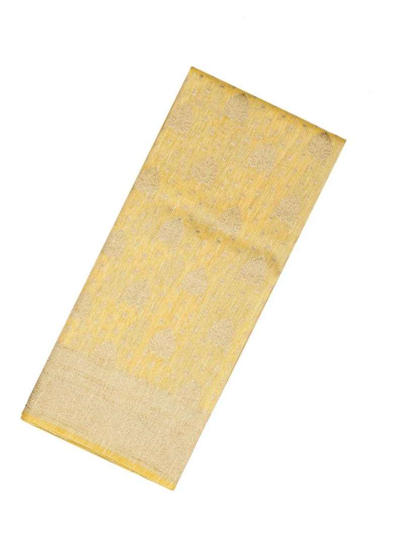 Yellow Handloom Linen Saree With Floral Zari Motifs With Buttas And Brocade Design For Women - Indya