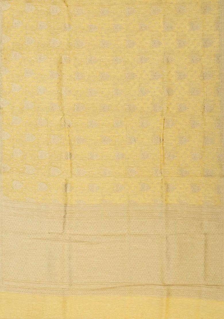 Yellow Handloom Linen Saree With Floral Zari Motifs With Buttas And Brocade Design For Women - Indya