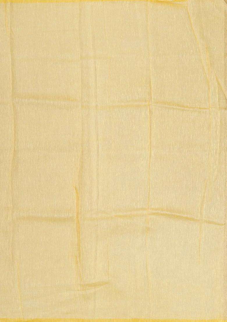 Yellow Handloom Linen Saree With Floral Zari Motifs With Buttas And Brocade Design For Women - Indya