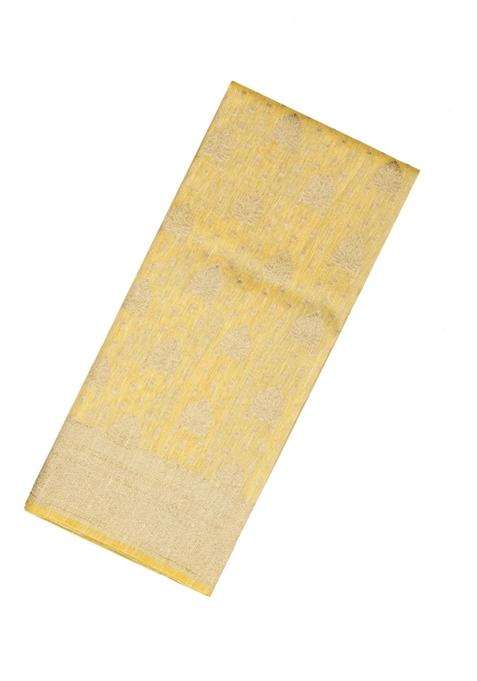 Yellow Handloom Linen Saree With Floral Zari Motifs With Buttas And Brocade Design For Women