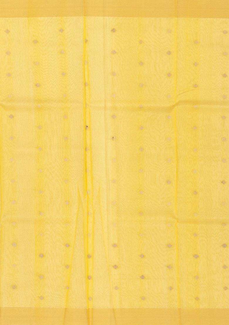 Lime Yellow Lemon Yellow Handloom Banarasi Plain Organza Saree With Traditional Woven Design For Women - Indya