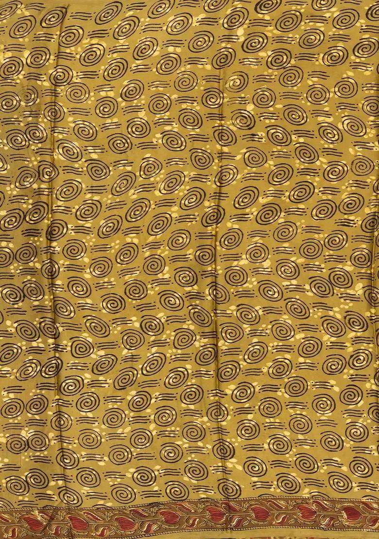 Sage Green Woven Modal Silk Saree With Ajrakh Printed Motifs For Women - Indya