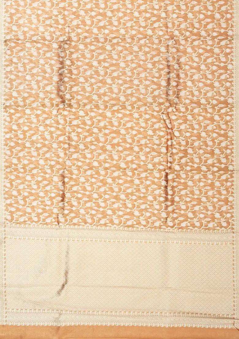 Light Peach Handloom Banarasi Tissue Silk Saree With Floral Vine Motifs With Buttas And Brocade Design For Women - Indya