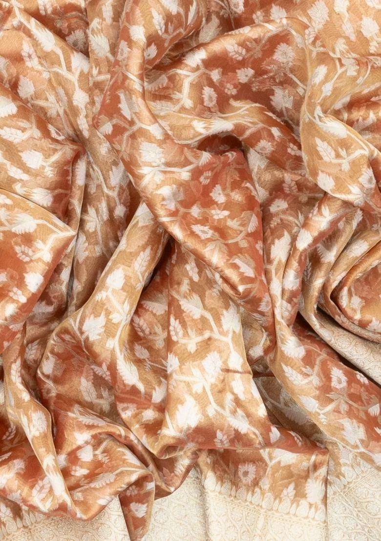 Light Peach Handloom Banarasi Tissue Silk Saree With Floral Vine Motifs With Buttas And Brocade Design For Women - Indya