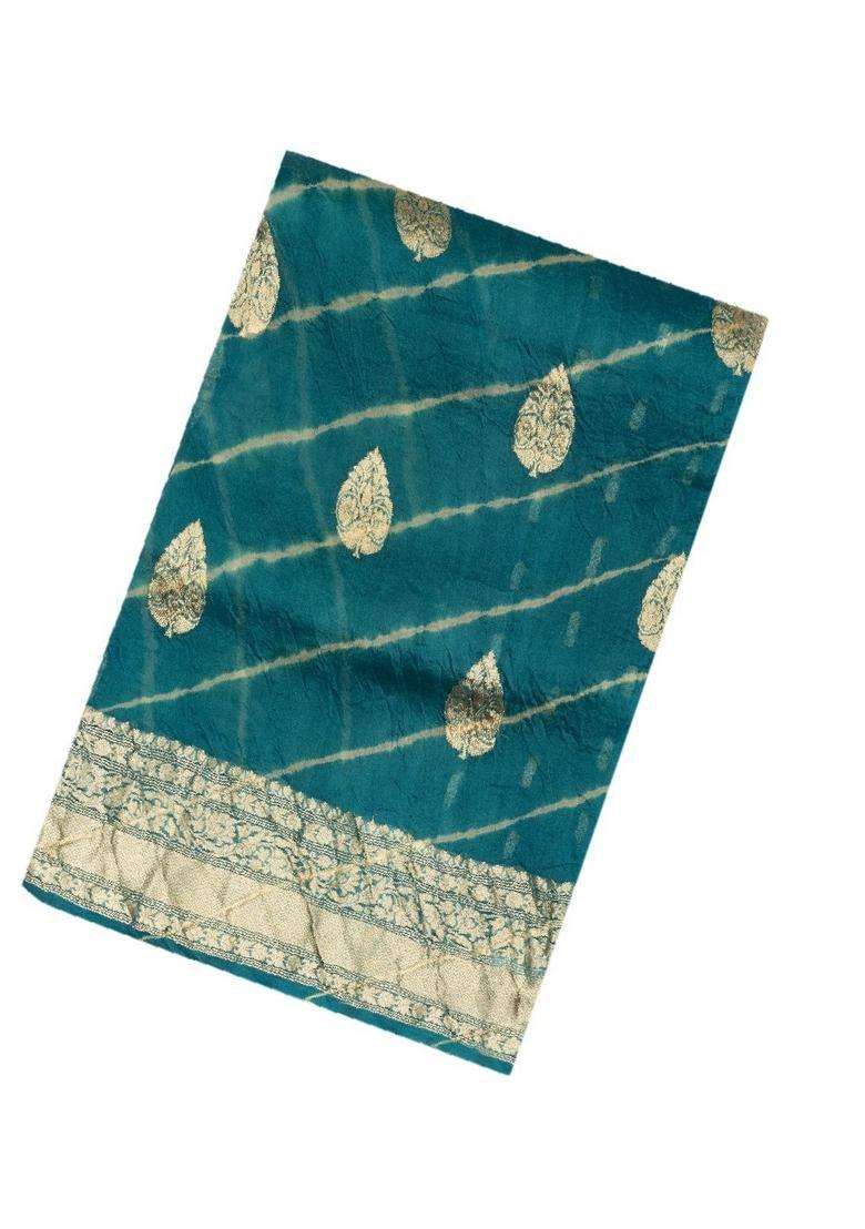 Steel Blue Handloom Banarasi Organza Tie Dye Silk Saree With Floral Motifs With Printed Design For Women - Indya