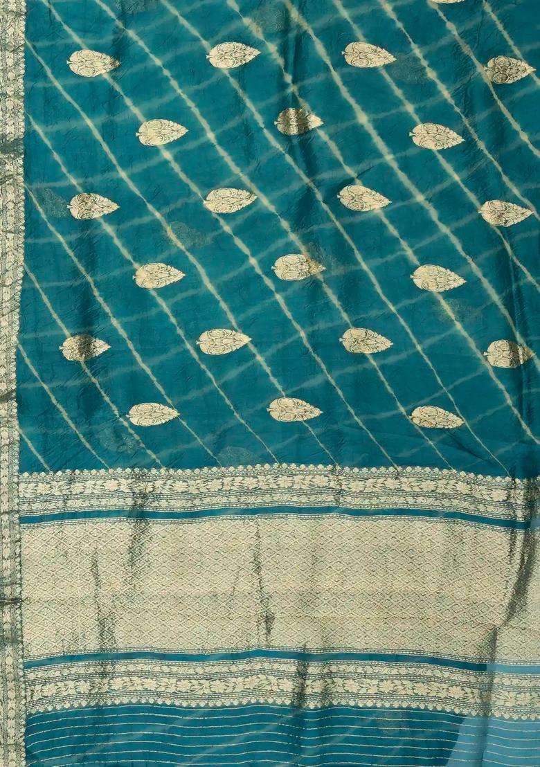 Steel Blue Handloom Banarasi Organza Tie Dye Silk Saree With Floral Motifs With Printed Design For Women - Indya