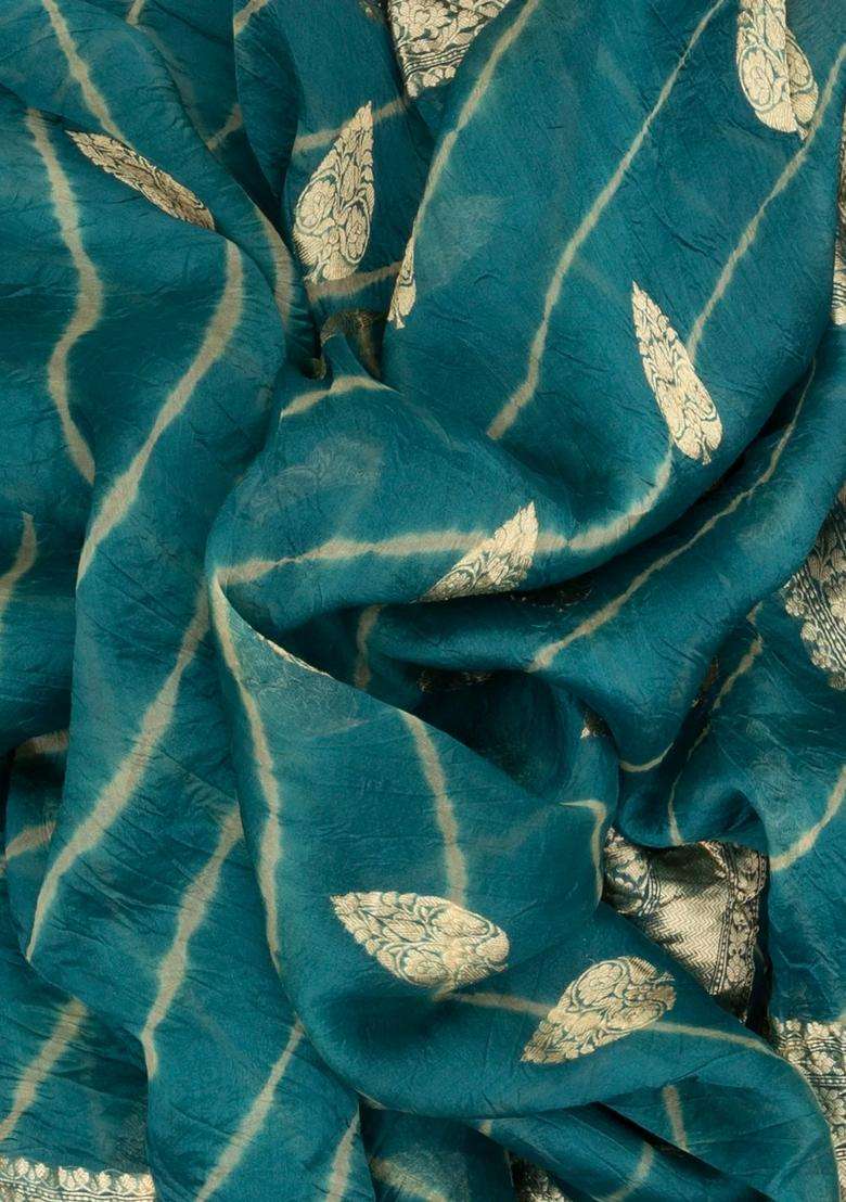 Steel Blue Handloom Banarasi Organza Tie Dye Silk Saree With Floral Motifs With Printed Design For Women - Indya