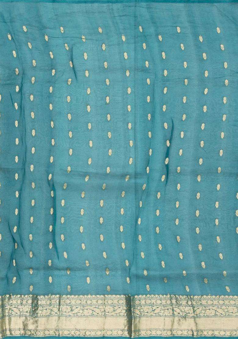 Steel Blue Handloom Banarasi Organza Tie Dye Silk Saree With Floral Motifs With Printed Design For Women - Indya