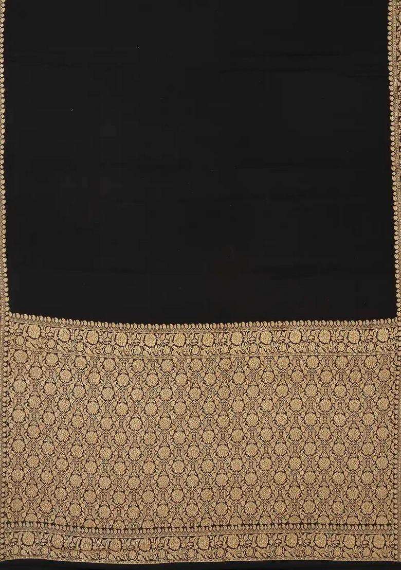 Black Handloom Banarasi Khadi Georgette Saree With Floral Border With Traditional Woven Design For Women - Indya