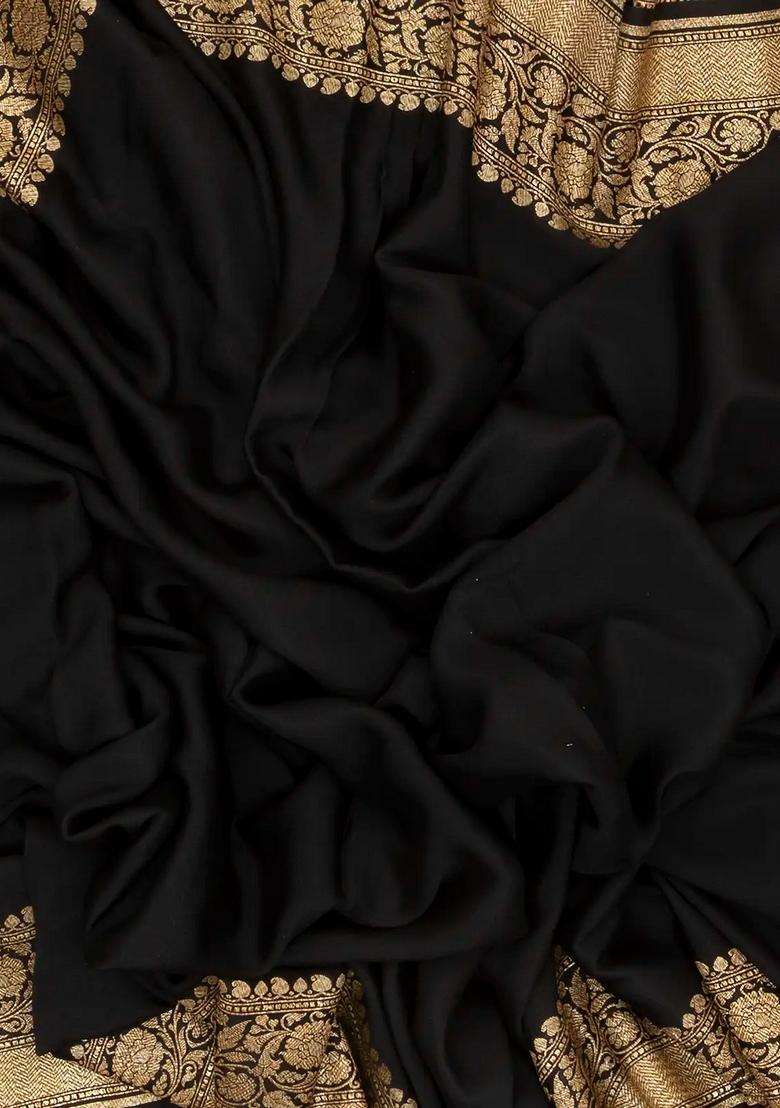 Black Handloom Banarasi Khadi Georgette Saree With Floral Border With Traditional Woven Design For Women - Indya