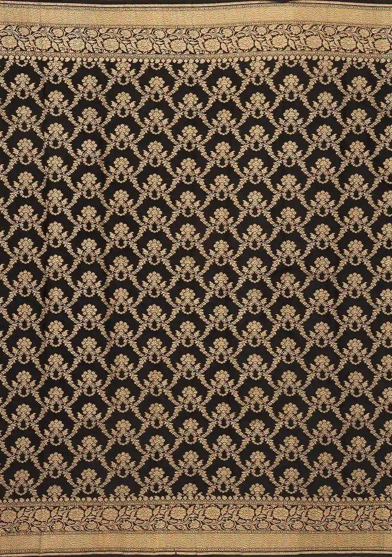 Black Handloom Banarasi Khadi Georgette Saree With Floral Border With Traditional Woven Design For Women - Indya