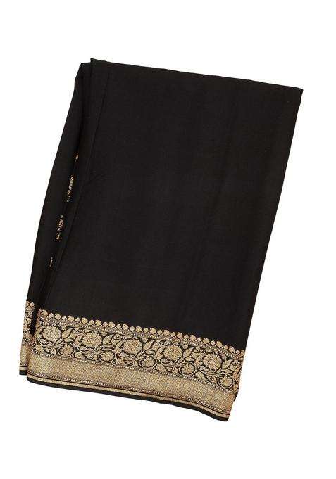 Black Handloom Banarasi Khadi Georgette Saree With Floral Border With Traditional Woven Design For Women