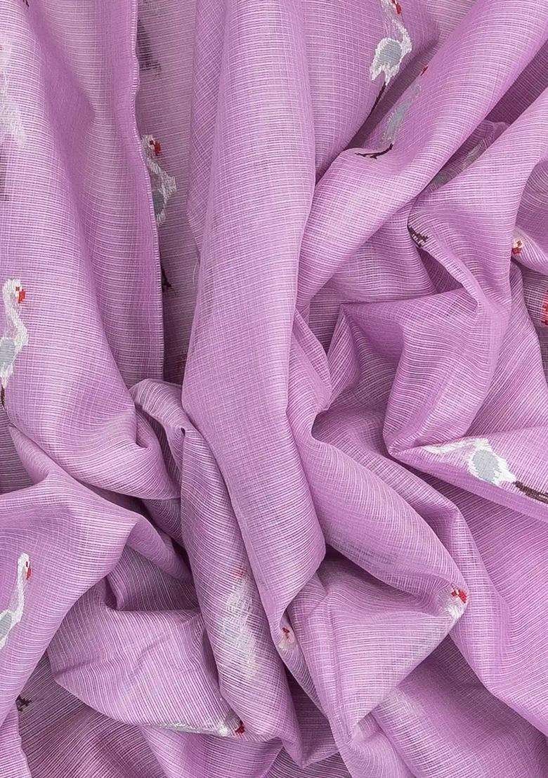 Lilac Handloom Kota Silk Cotton Saree With Crane Buttas With Buttas And Brocade Design For Women - Indya