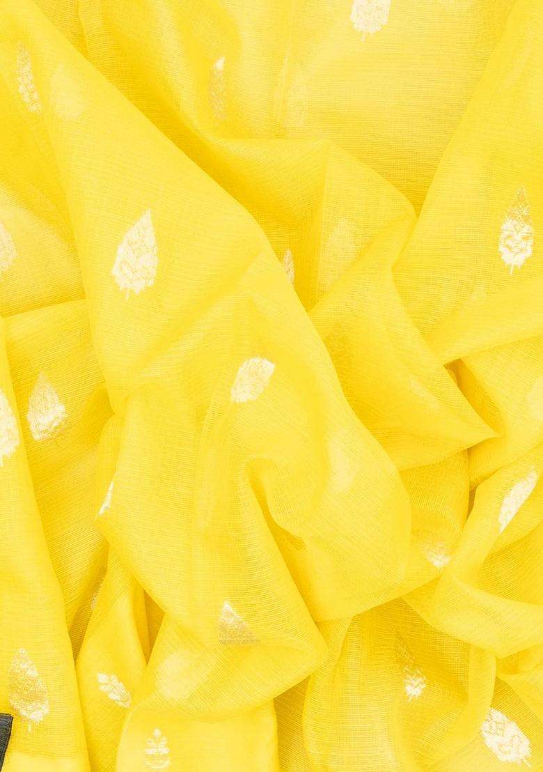 Yellow Handloom Kota Silk Cotton Saree With Floral Buttas With Buttas And Brocade Design For Women - Indya