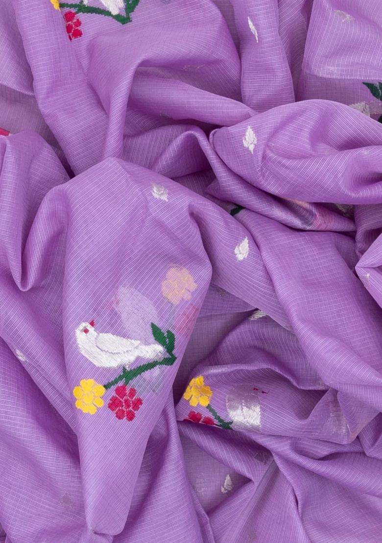 Purple Handloom Kota Silk Cotton Saree With Meena Bird Buttas With Buttas And Brocade Design For Women - Indya