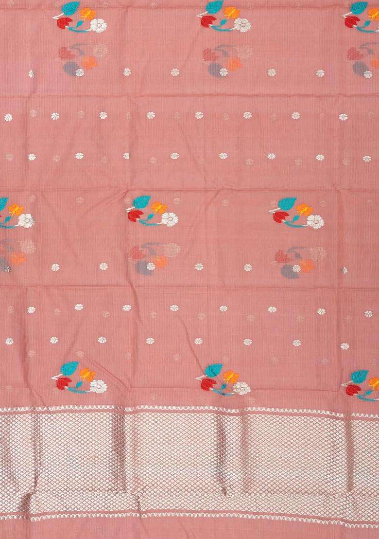 Light Peach Handloom Kota Silk Cotton Saree With Meena Floral Buttas With Buttas And Brocade Design For Women - Indya